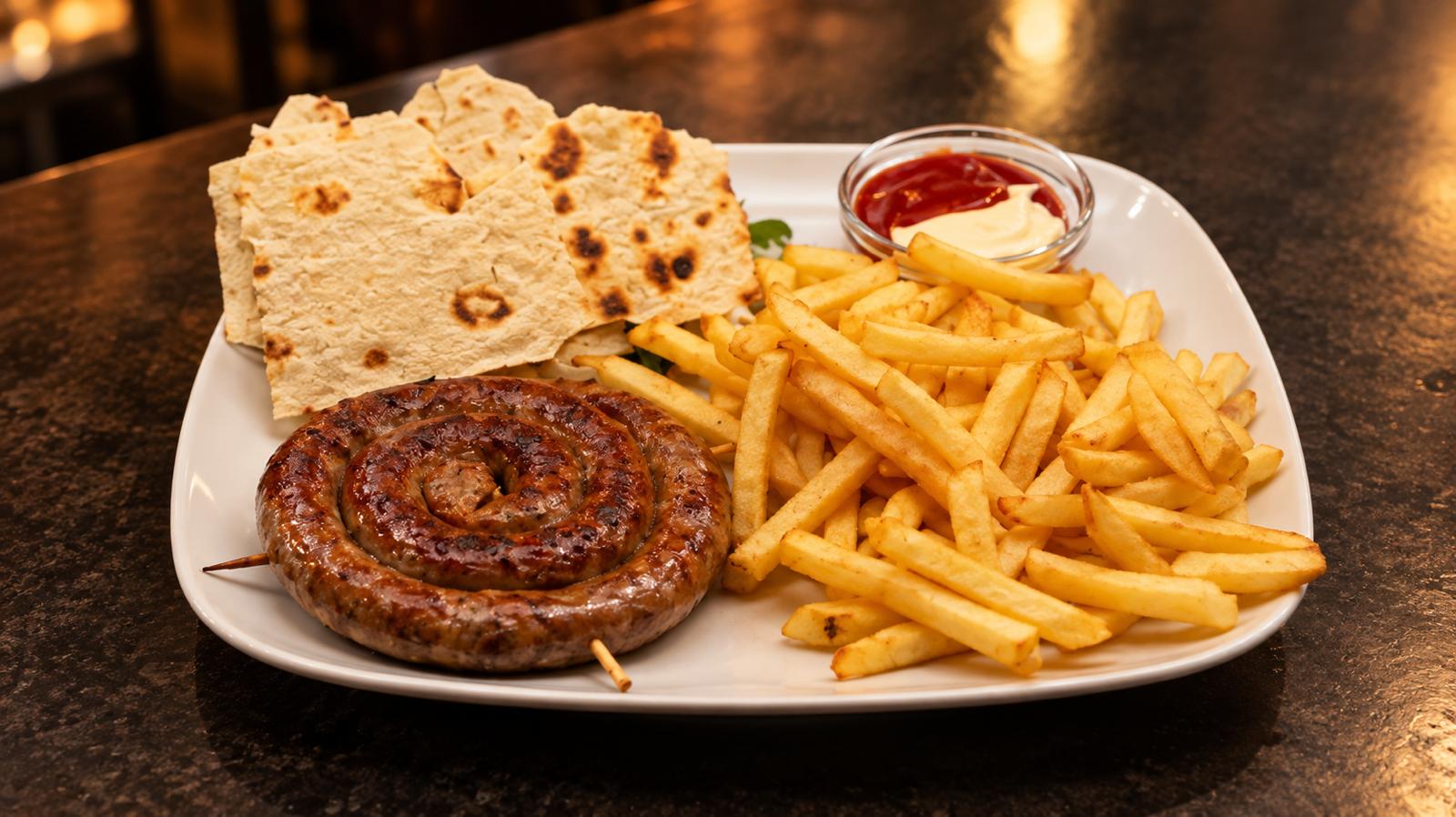 Girello di salsiccia con patatine fritte e piadina